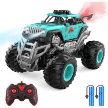 Modrý monster truck na diaľkové ovládanie pre deti, 2,4 GHz, striekací efekt, s 2 batériami, odolná terénna hračka