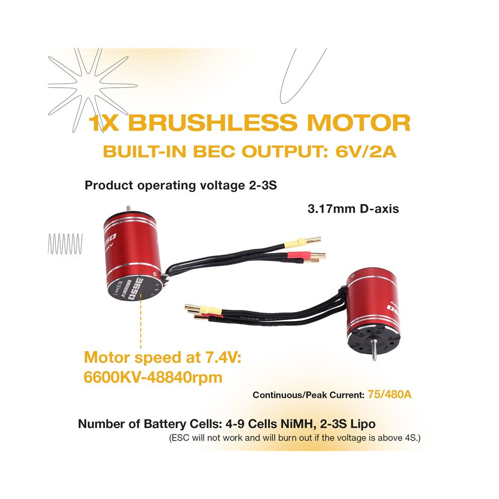 Brecantia 3650 6600Kv High-Speed Brushless Motor And 75A Brushless Esc For Arrma Hsp Redcat Rc4wd Axial Scx10 D90