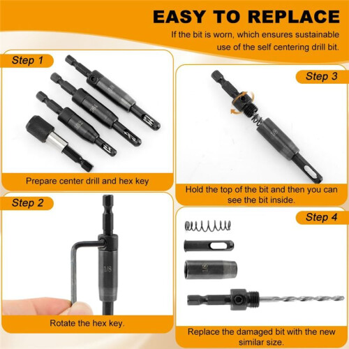 Self Centering Drill Bits Set,3/32in, 7/64in, 1/8in Self-Centering Hinge Drill Bit for 1/4 in Centering Hinge Drill Bit 2