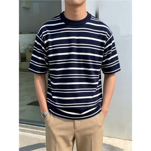 Men'S Short Sleeve Knit Stripe Shirt Crewneck Classic Regular Fit Basic Sweater Pullover Top Deep  L 1