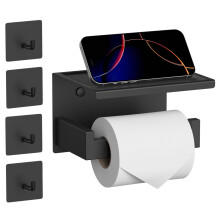 HITSLAM Matte Black Toilet Paper Holder with 4 Adhesive Hooks, Toilet Paper Holder with Shelf, Adhesive No Drill or Wall-Mounted with Screws for Bath