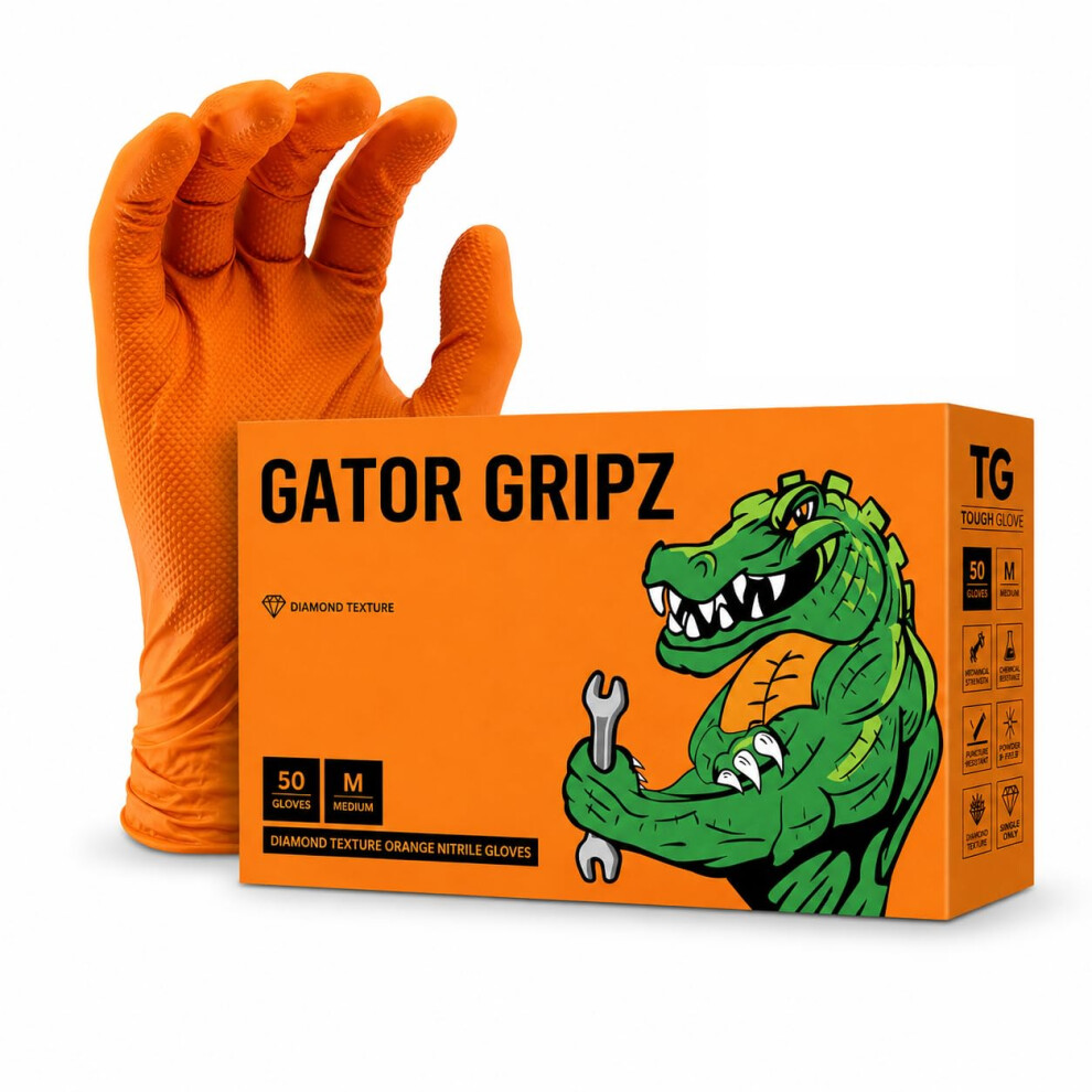 Photos - Safety Equipment TG TOUGH GLOVE Gator Gripz (M) - Orange Nitrile Gloves  | Heavy-Duty, Chemical & Oil Resistant, Powder & Latex F(Pack Of 50)