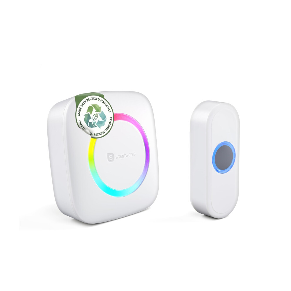 Smartwares Wireless Doorbell Set - Portable Chime And Push Button - 300 M Range - 36 Melodies - Led Ring - 85 Db - 4 Sound Level & Mute Function - Wh 7699698304427