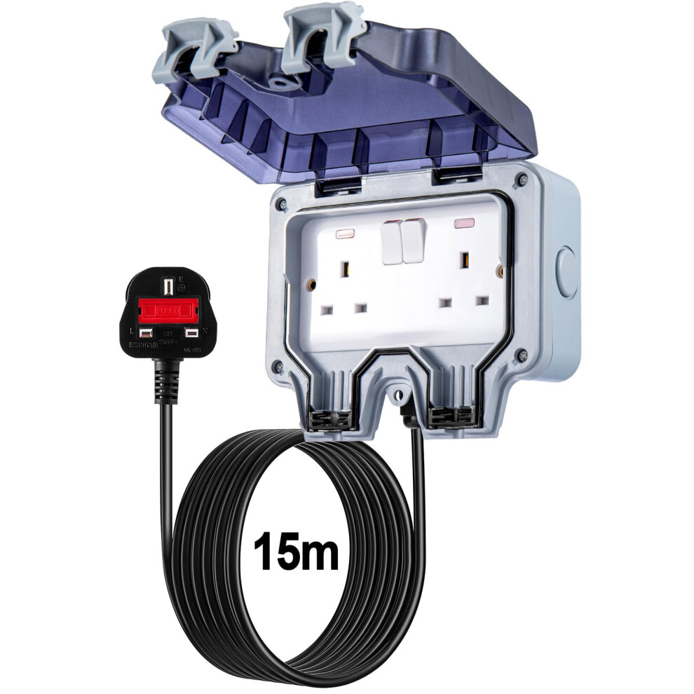 Trintion 2 Gang Ip66 Outdoor Socket 13Amp With Extension Lead Switched Sockets Garden Power Socket External Mains Outlets Wall Plug Socket Box (15M) 3705291397453