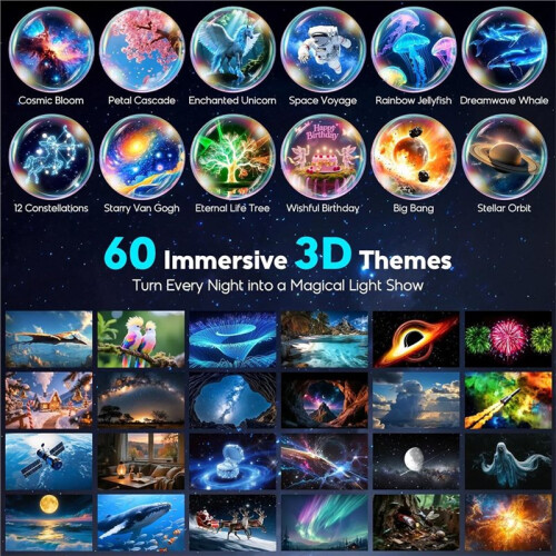 3D  Projector with 60 Immersive Themes, HD Immersive Star Projector with  Speaker & Timer Eu Plug 2