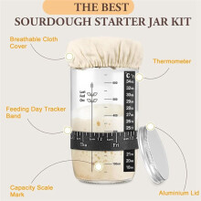 Bocal à Levain, Kit de Levain de 680 G avec Bande de Remplissage Graduée, Thermomètre, Couvercle en Tissu et Couvercle en Métal