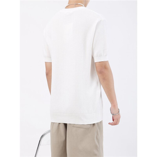 Herr Slim Fit Vintage Stickad T-Shirt Kort Ärmar Krage Solid Pullover Tröja Topp Tee Vit M 2