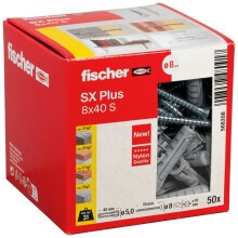 fischer Expansion dowels SX Plus 8 x 40 S, Box of 50 Nylon dowels and Matching Screws, dowels for Optimal Hold for fixings in Concrete, Solid Brick,