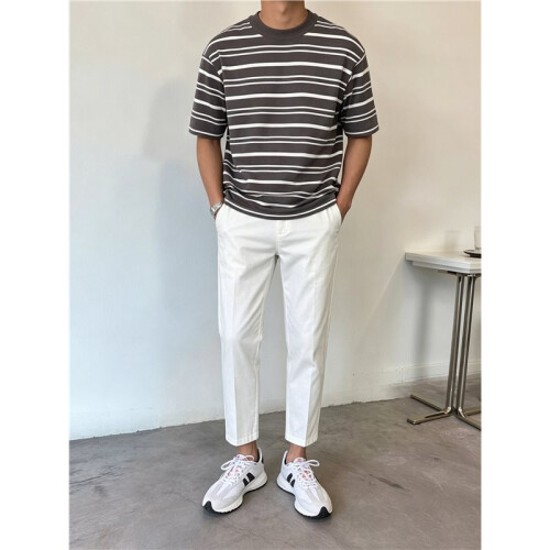 Men'S Short Sleeve Knit Stripe Shirt Crewneck Classic Regular Fit Basic Sweater Pullover Top Gray M 1