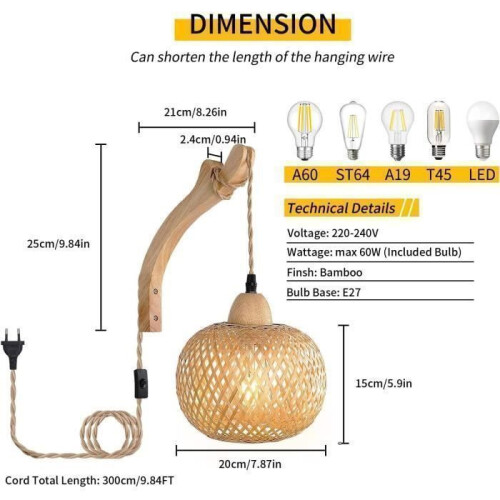 Retro Bamboo Wall Sconce, Wooden Indoor Wall Light with E27 Plug and Switch, Includes Bulb 1