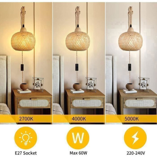 Retro Bamboo Wall Sconce, Wooden Indoor Wall Light with E27 Plug and Switch, Includes Bulb 2