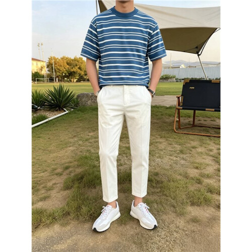 Men'S Short Sleeve Knit Stripe Shirt Crewneck Classic Regular Fit Basic Sweater Pullover Top Light  M 1