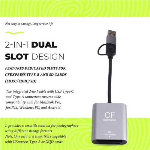CFexpress Type B Card Reader USB3.2 Gen2 10Gbps 2-in-1 USB C & USB A CFe Card Reader with  Slot for CFexpress Type B