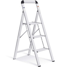 KINGRACK 3 Step Ladder with Handrail, Non-Slip Household Ladder with Folding Safety, Aluminium Folding Step Stool, Maximum Load 150 kg, Silver