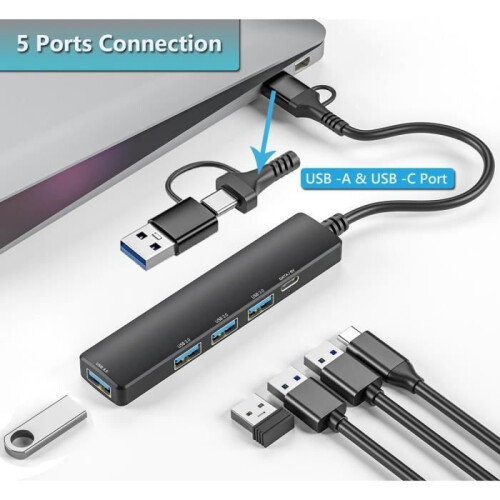 2-in-1 USB 3.0 and USB C Hub, 5 Gbps Data Transfer, Plug and Play, Black Compact Adapter 1