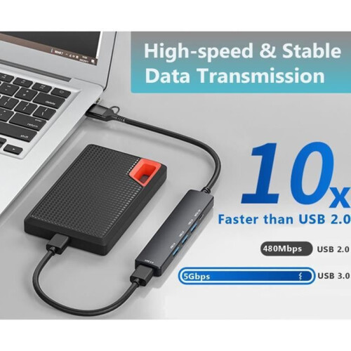 2-in-1 USB 3.0 and USB C Hub, 5 Gbps Data Transfer, Plug and Play, Black Compact Adapter 2