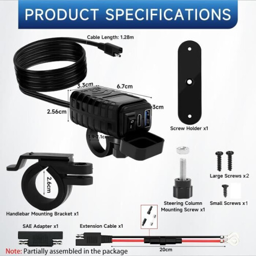 Caricabatterie USB per telefono con QC3.0 USB e PD Type C, interruttore, voltmetro a LED, impermeabile IP65, design resistente. 1