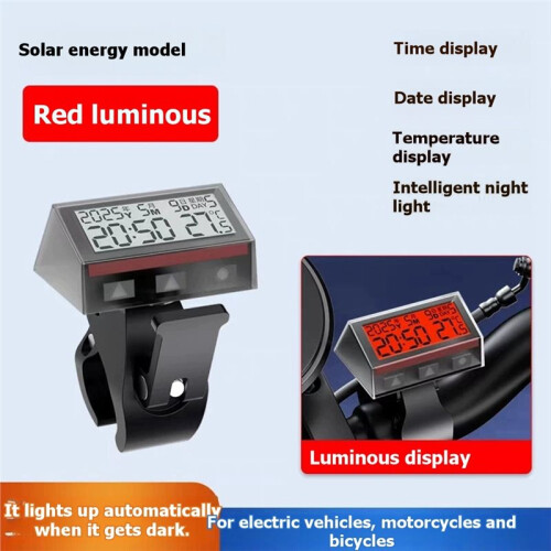 Motorcycle Ebike Solar Power Clock with Date Week Temperature LCD Backlit Display Waterproof Thermometer with Stand A 2