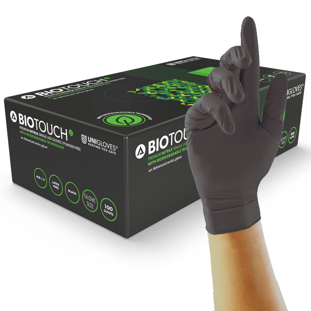 Unigloves Biotouch Nitrile Disposable Gloves - Biodegradable, Multipurpose, Medical Grade Examination Gloves - Box Of 100 Gloves, Black, Medium (Gm00 6250853072288