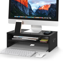 BONTEC Monitor Stand Riser, 2 Tier Wooden Desk Riser, 420mm Wide, 142mm Height, 30kg Load, Cable Management Slots, Phone Holder, Non Slip Pads, Monit