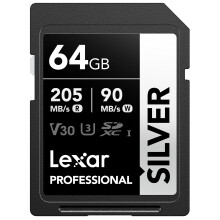 Lexar 64GB SD Card SILVER, Up to 205MB/s Read, 90MB/s Write, SDXC UHS-I Memory Card, Class 10, U3, V30, SD Card for Professional Photographers, Video
