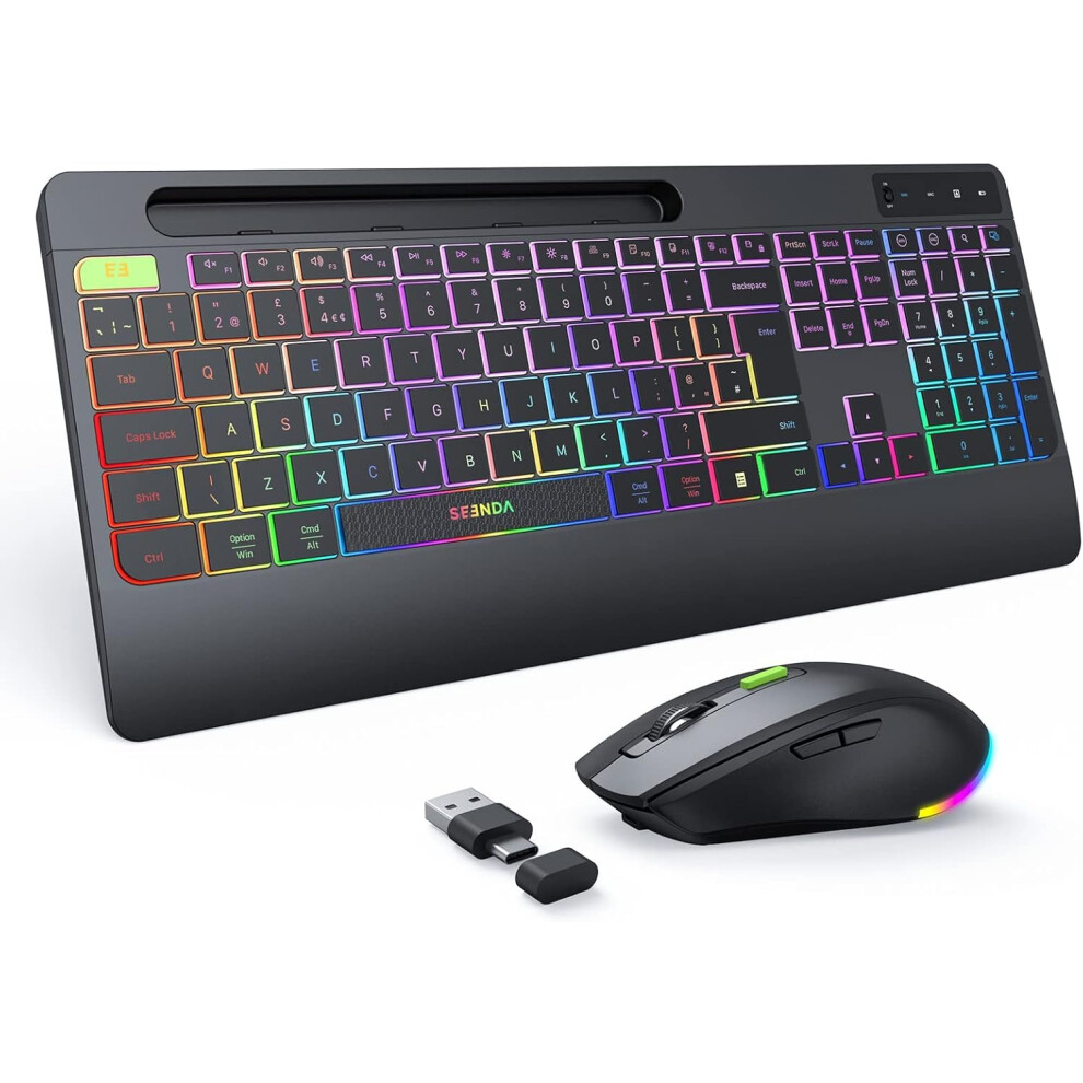 Seenda 2.4G Wireless Keyboard And Mouse Combo With Rainbow Backlit, Rechargeable Keyboard And Mice Set Uk Layout Full Size With 2 In 1 Usb C & Usb A 5007698544910