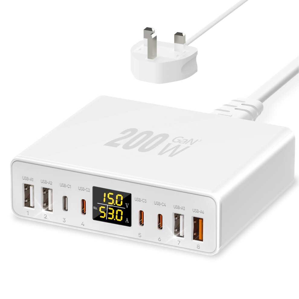 Ysyfad 200W Usb C Charger 8-Port With Led Display, Usb Charging Station Gan Multiport Fast Charger Pd Qc 3.0 Pps Usbc Charging Hub Compatible With Ip 5006573737171