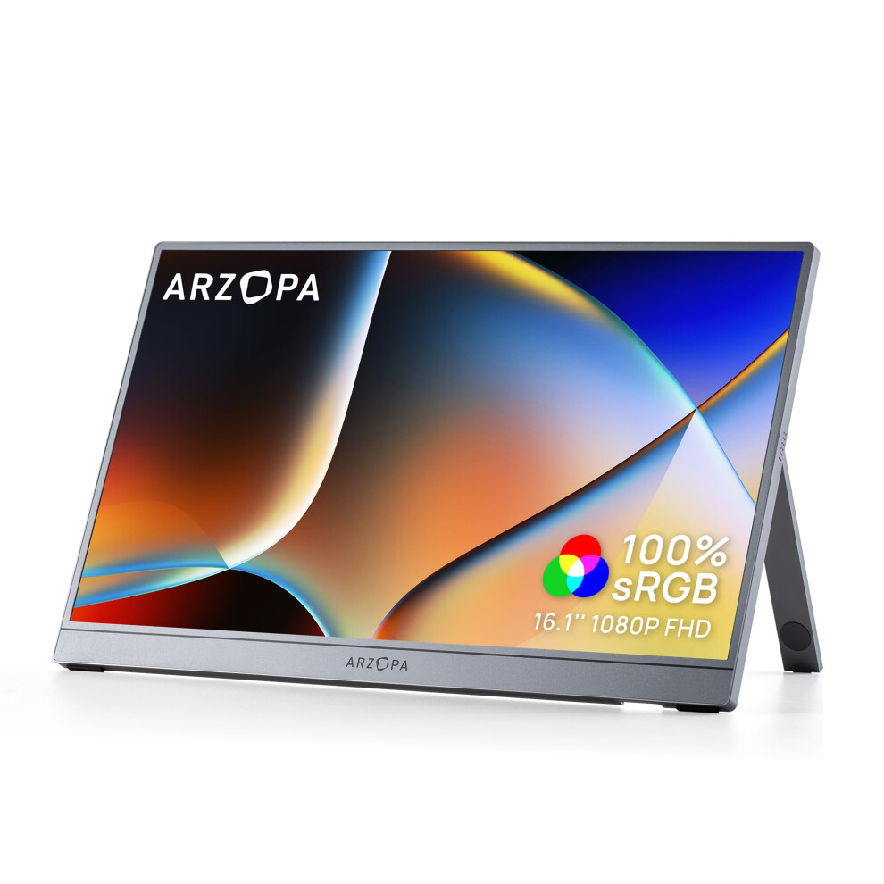 Arzopa 16.1" Portable Monitor Fhd 1080P, 100% Srgb Ips Eye Care Screen With Adjustable Kickstand, High Colour Gamut Slim Laptop Display For Office & Grey 5907841079927