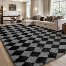 Sour Lemon Checkered Rug Living Room, 200x300cm Black and Grey Area Rugs for Bedroom, Non Slip Super Soft Fluffy Shaggy Rug, Extra Large Lounge Rugs