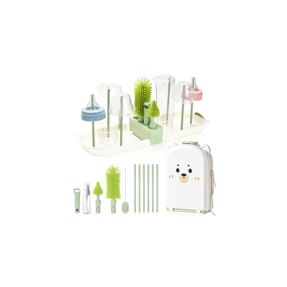 Travel Bottle Brush Baby– Portable Baby Travel Essentials - Cleaning Brush/Nipple & Straw Cleaner/Soap Dispenser/Drying Rack Feeding Wesweet