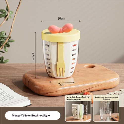 Double Wall Salad Cup Portable Leak Proof Oat Container with Fork Handle Drain Fruit Cup Cute Breakfast Cup Yellow