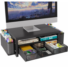 BOKIOVIN Metal Monitor Stand Riser with Drawer & 2 Pen Holders for Desk, Office Desk Accessories Organiser & Computer Screen Stand for Printer (Black
