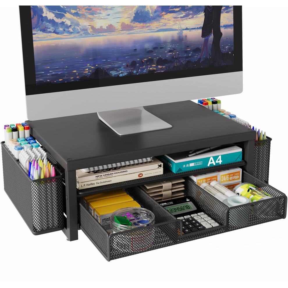 Bokiovin Metal Monitor Stand Riser With Drawer & 2 Pen Holders For Desk, Office Desk Accessories Organiser & Computer Screen Stand For Printer ( Black 4751446629077