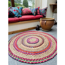 Second Nature Online Fiesta Eco Friendly Small Round Braided Thick Stripe Rug Flat Weave with Natural Jute and Multi Colour Recycled Material 60 cm