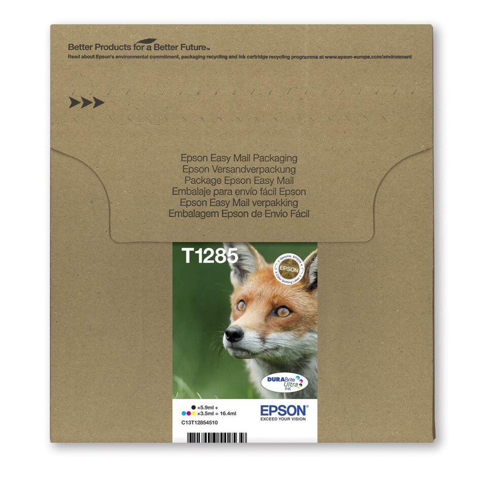 Epson T1285 Fox Genuine Multipack, Eco-Friendly Packaging, 4-Colours Ink Cartridges, Durabrite Ultra Ink