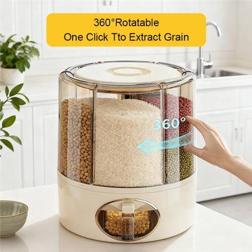 Kitchen Rice Bucket, Household Grain Storage Box, Sealed Rotating Compartment Grain Container White Large 2