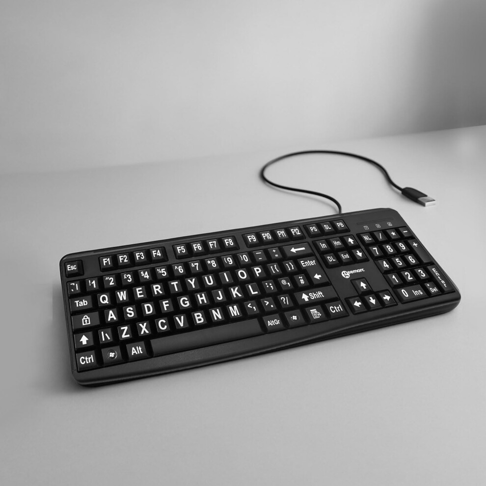 Geemarc Wired Alphanumeric Usb Keyboard With Large Lettering And Keys, High Colour Contrast Keyboard For People With Low Vision, Compatib White/Black 3478076422687