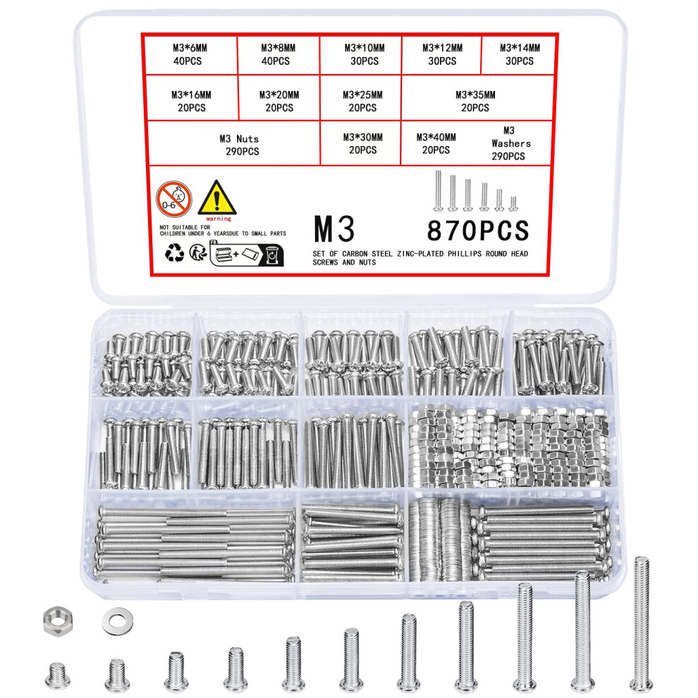 Vwoqiy 870 Pcs M3 Screws Set, Pan Head Machine Screws Bolts And Nuts And Washers Assortment Kit, Assorted Galvanized Round Head Cross Pan Head Screws 9398270389132