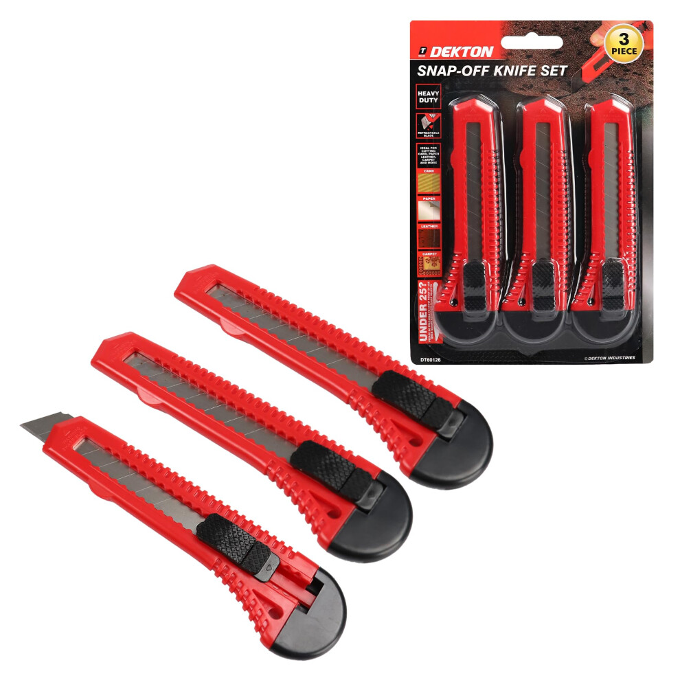 Dekton 3-Piece Snap-Off Utility Knife Set With Retractable Blades, Ergonomic Non-Slip Handles, Heavy-Duty Construction For Cutting Cardboard, Carpet, 3274598018335