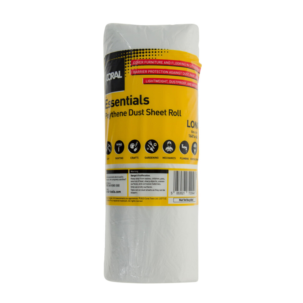 Coral 72204 Essentials 100 Sqm (2M X 50M) Polythene Dust Sheet Roll Drop Cover Spill Splash Protection For Painting 4044841416657