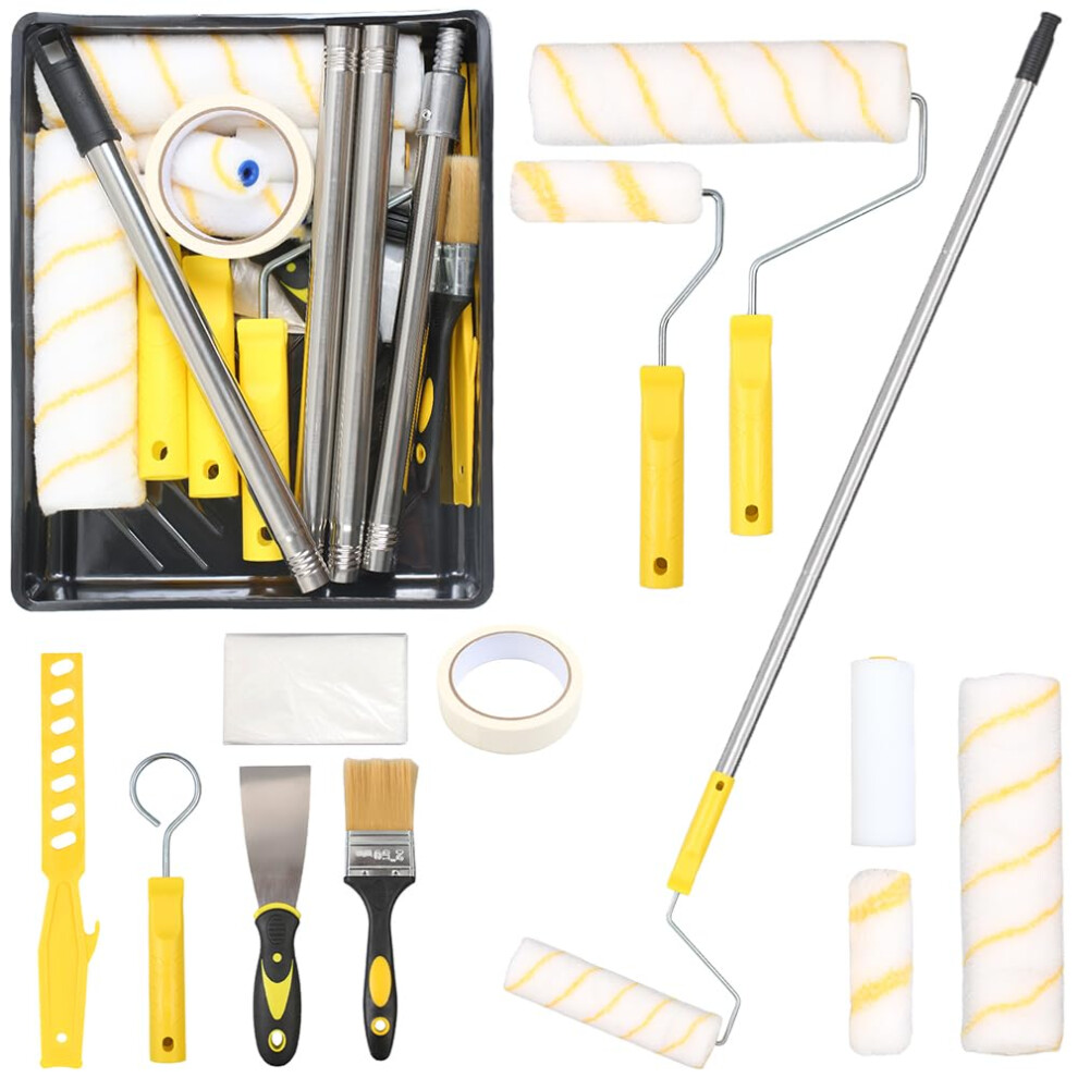 Gemsaya Paint Roller Set, 20Pcs 9" + 4" Paint Rollers And Trays Sets, Rollers For Painting With 1.5M Extension Pole, Paint Brush, Frames, Paint Tray, 7416060132316