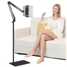 Tablet Floor Stand with 6LB Weight, Overhead Bed phone Stand Angle Height Adjustable Arm Stretchable Stand Holder, Compatible with iPhone iPad Mini A