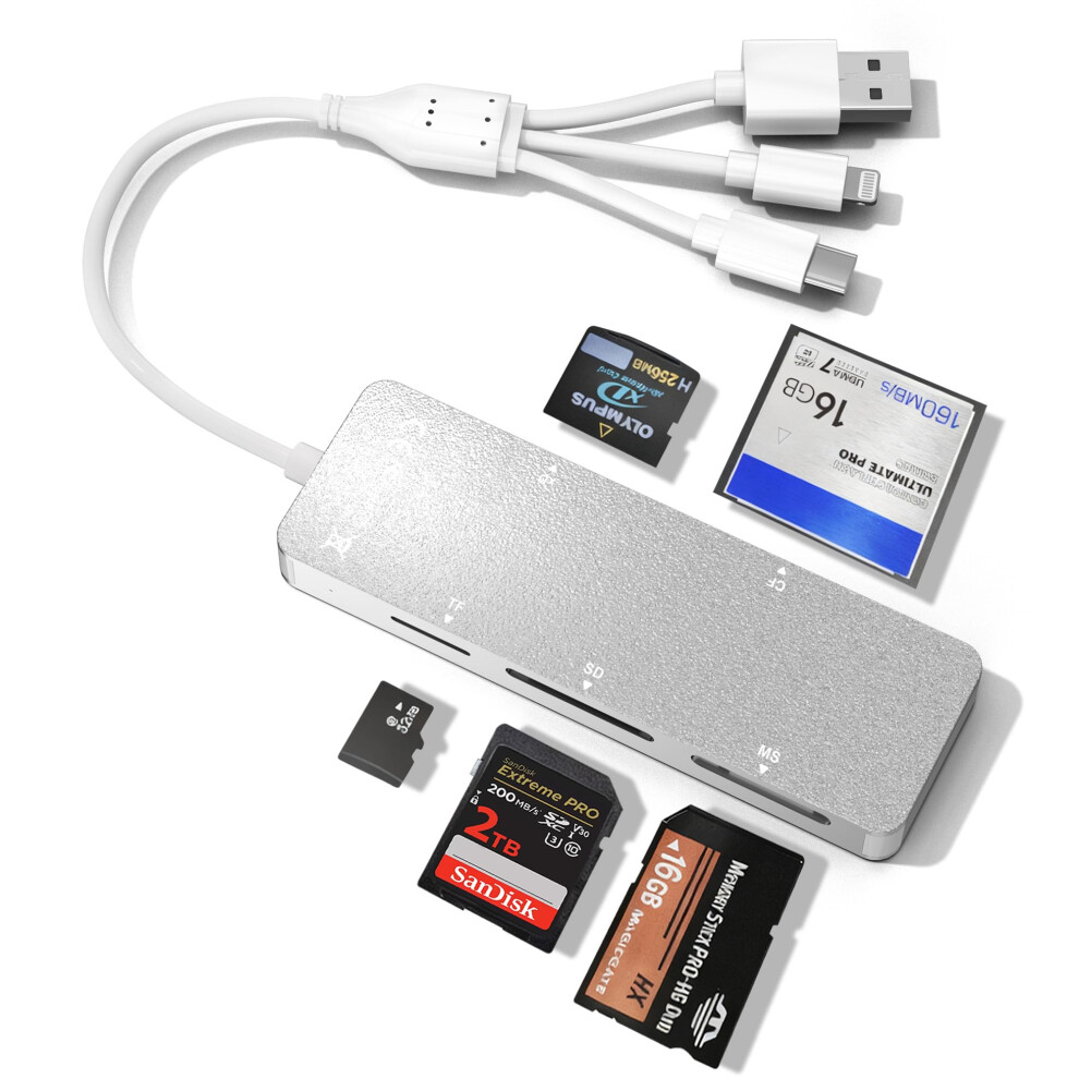 Memory Stick Pro Duo Reader For Lexar/Sony/Fuji - 5In3 Aluminum Otg Adapter For Memory Stick Pro Duo/Xd/Compact Flash/Sd/Micro Sd Cards, Lightning Us 5356402186435