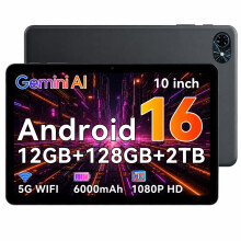 10 Inch Android 16 Tablet with GEMINI AI 2.0, 12GB RAM+128GB ROM Expandable to 2TB, 120Hz 1080P HD Display, 5G WiFi, 6000mAh Fast Charging, Bluetooth
