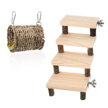 2 PCS Wooden Hamster Parrot Bird Cage Toy, Pet Mouse Climbing Swing with Seagrass Hammock 5 Layers Ladder Stairs Platform Bridge for Hamsters