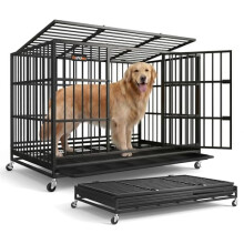 Feandrea Heavy-Duty Dog Crate, 5-Minute Quick Assembly, Foldable Dog Kennel Cage with Lockable Wheels, Double Doors, Escape Proof Fixed Bottom, Ink