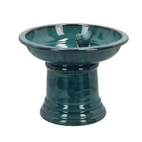 SMALL CERAMIC BIRDBATH ON PEDESTAL PETROL, Blue