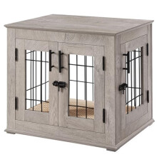 Dog Crate Furniture with Cushion, Small - Medium Dog Kennel with Wood and Mesh, Dog House, Pet Crate Indoor Use, Grey Colour