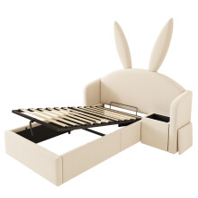 (Beige, 90x190cm) Lit de jeunesse rembourré avec rangement, table de chevet et oreilles de lapin, sans matelas