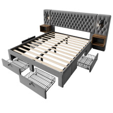 (Gray, 160x200cm) Ensemble chambre avec lit double rembourré,2 tables de chevet,4 tiroirs,tête LED/USB,sans matelas